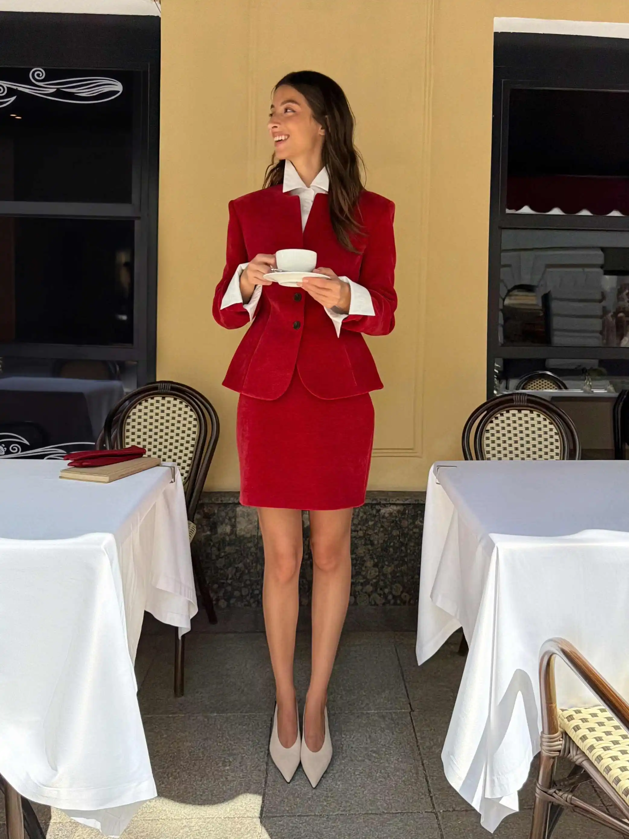 Delicate Women 2‑Piece Skirt Suit Corduroy Stand Collar Button Blazer Mini Skirt Set For Date Banquet Daily Gathering Customized