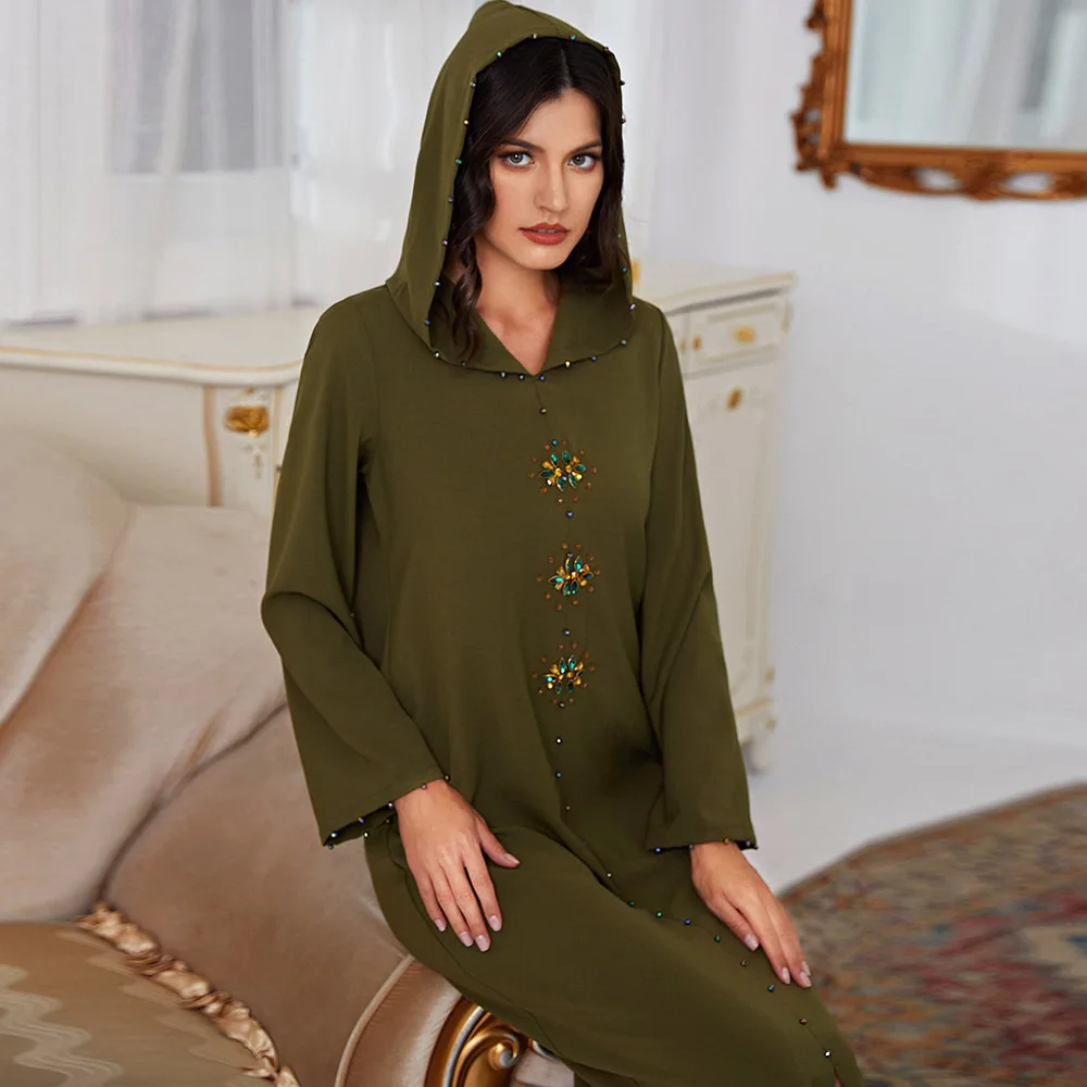 Diamond Abaya Dubai Turkey Muslim Hooded Dress Women Moroccan Caftan Arab Robe Islam Clothing Ramadan Eid Mubarak Djellaba Femme