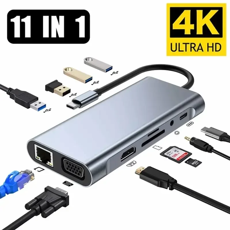 

11 In 1 Usb C Hub Splitter 3.0 For Macbook Air Pro, Compatible Type C To Hdmi,Usb3.0 Rj45, 11 Port Base With Pd, Tf, Sd, Aux