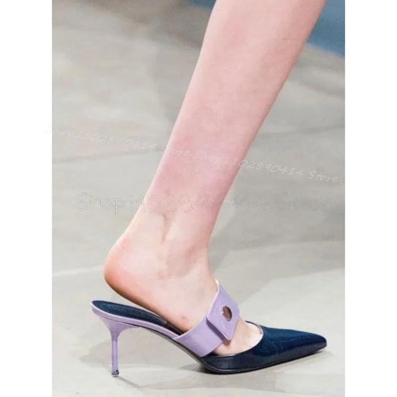 

Metal Button Purple Blue Patent Leather Pointed Toe Slippers Slip On Women Shoes Thin High Heels Runway 2025 Zapatos Para Mujere