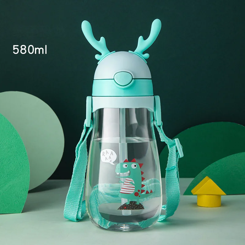 Botella de agua para niños con sellado de pajita, tazas para bebés a prueba de derrames con asa, eslinga, 480/580ml, taza para beber para niños con reflejo abatible