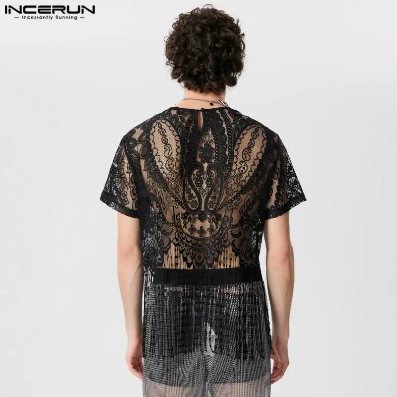 2024 Men T Shirt Lace Tassel O-neck Short Sleeve Transparent Fashion Men Clothing Streetwear Party Irregular Crop Tops INCERUN