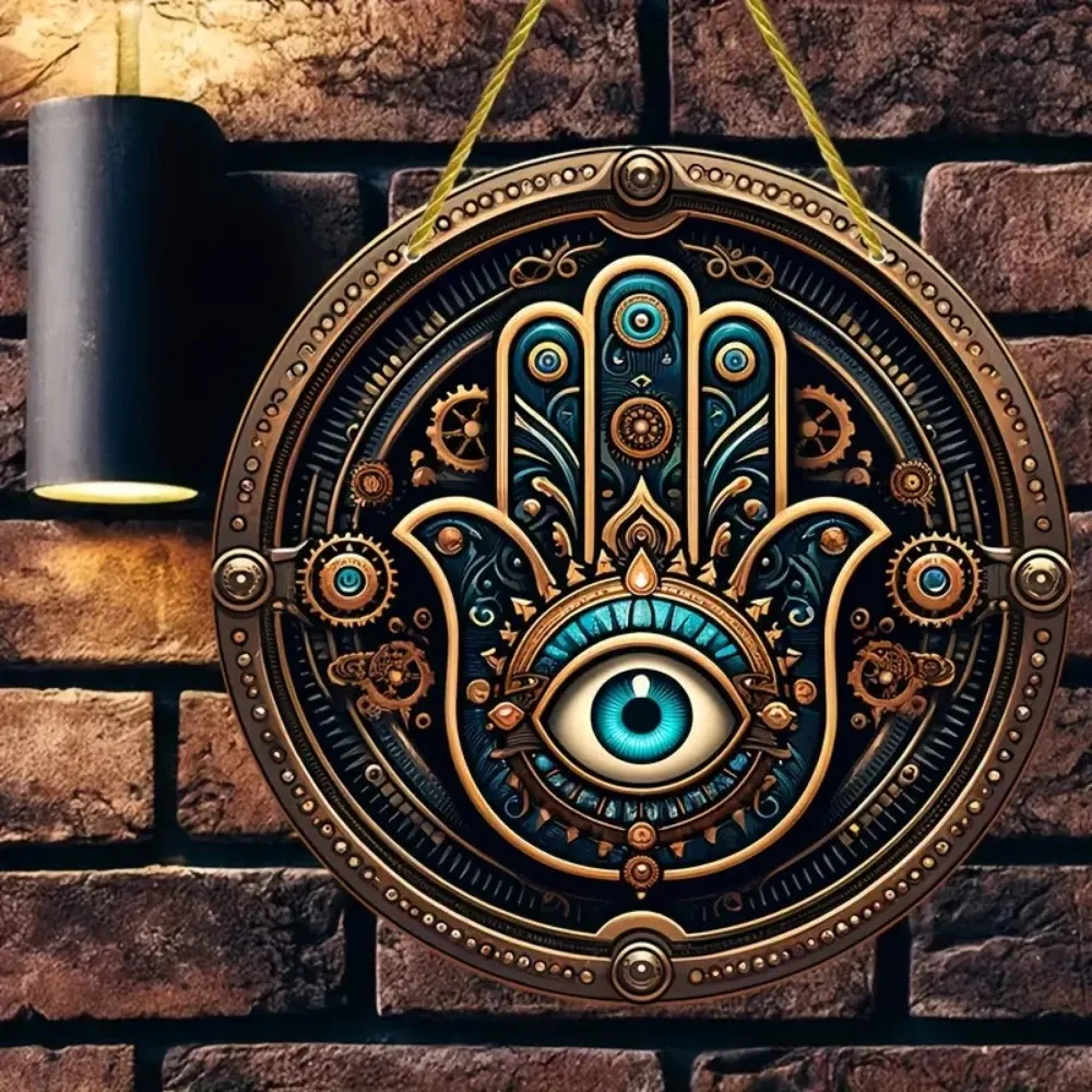Vintage evil eye sign round shape, bohemian style wooden decor for home, bathroom, bar, cafe, garage, porch and farmhouse decor