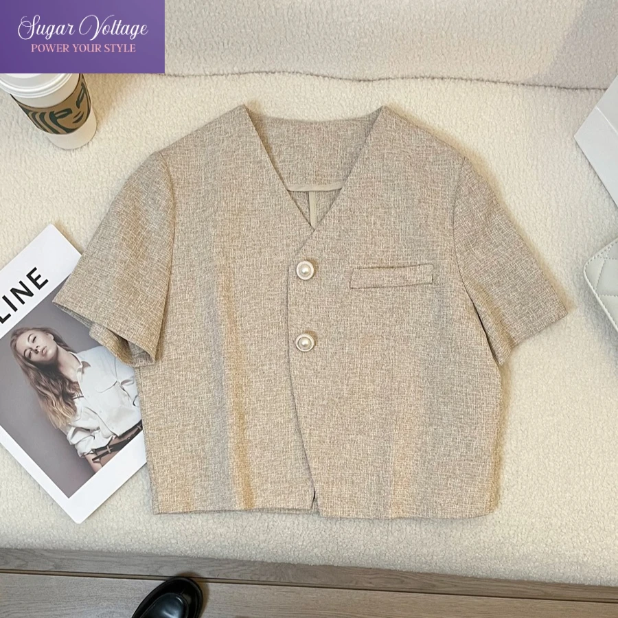 

Elegant Short Sleeve Blazer Women Summer 2025 Beige V-Neck Cropped Suit Jacket Office Lady Fitted Tops Female Korean Chic Shirt