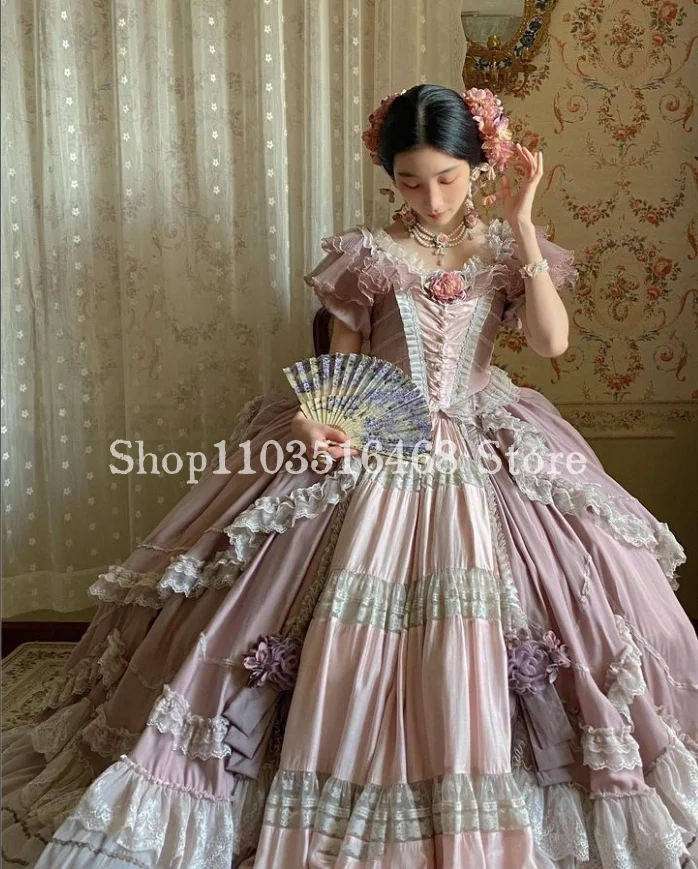 Lotus Pink Lolita Prom Dress Dreamy Fluffy Victorian Corset Laced Appliqué Lace Embroidered Fantasy Medieval Masquerade