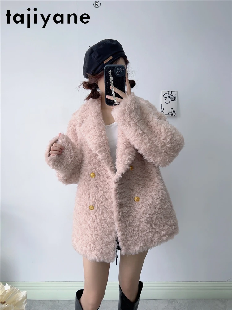 Tajiyane 100% Wool Coats for Women 2024 Autumn Winter Fashion V-neck Sheep Shearing Jacket Suit Collar Korean Style Fur Coats