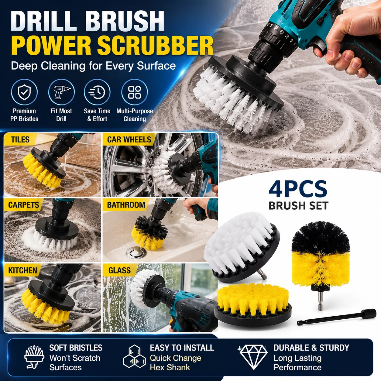 4 Inch Soft Drill Brush Disc Cleaning Attachment Power Scrubber for Bathroom Kitchen Carpet Glass Tile Car Wheels
