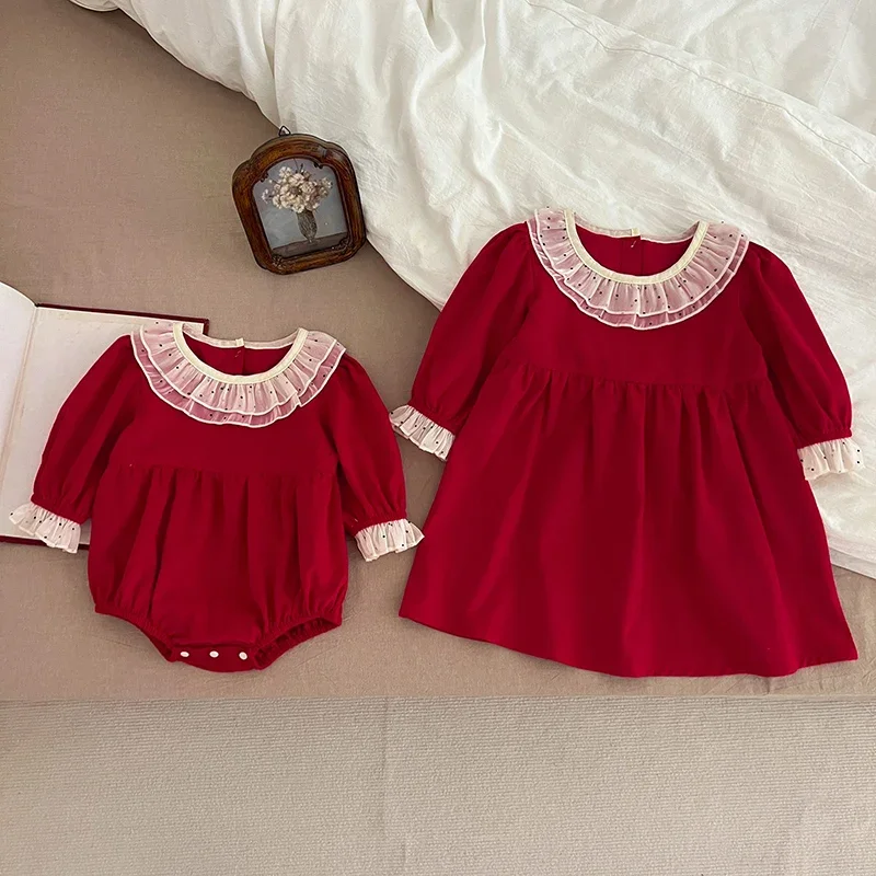 Christmas Baby Girls Clothes Toddler Baby Rompers Princess Dress Autumn Lace Collar Red Girls Dress Christmas Sister Clothing