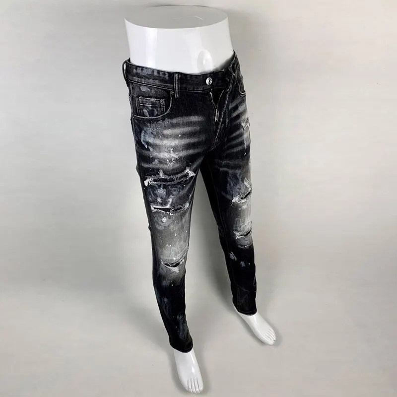 High Street Fashion Men Jeans Retro Black Gray Stretch Slim Fit Ripped Jeans Men Painted Designer Hip Hop Brand Pants Hombre
