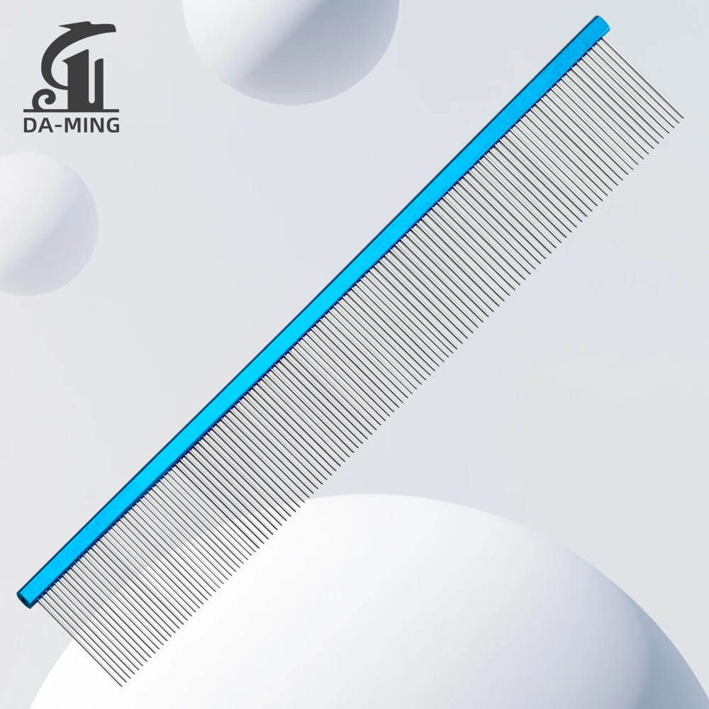 Full Dense Toothed cat and Dog with Colorful Aluminum Handle Comb for Pet Beautician's ultra Light Straight Combing Hair Blue