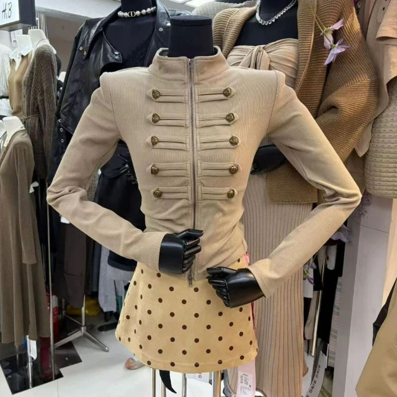 Y2k Vintage Long Sleeve Korean Style Cropped Jacket Women Casual Button Patchwork Bodycon Coat Versatile Autumn Winter 2026