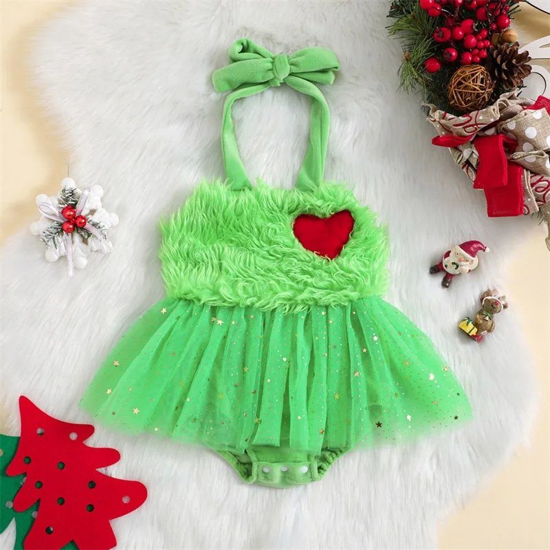 

2Pcs Baby Girls Christmas Outfit Gauze Plush Patchwork Romper Dress with Hairband Set Infant Clothes for Girl