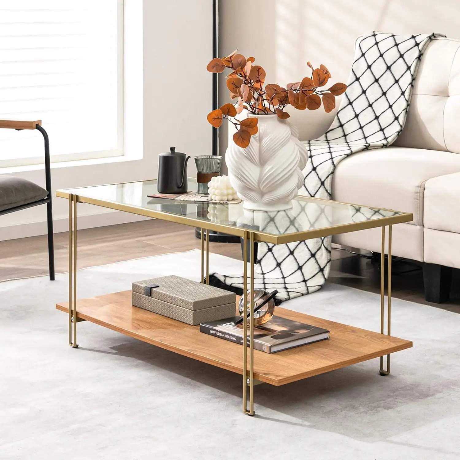 Tangkula Glass Coffee Table, 40In Mid Century 2 Tier Rectangle Coffee Table, Tempered Glass Top & Wood Storage Shelf, Steel