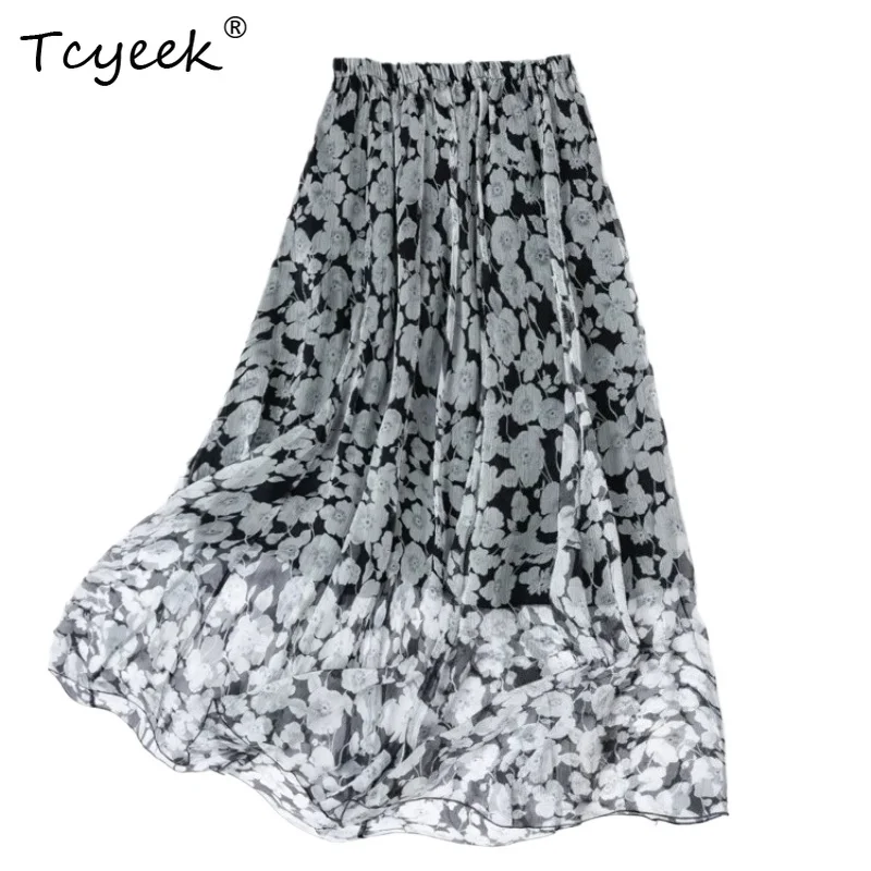 Tcyeek 100% Real Silk Skirts for Women 2026 Spring Elastic Waist Classic Two-layer Beach Skirt Woman Clothes Faldones Para Mujer