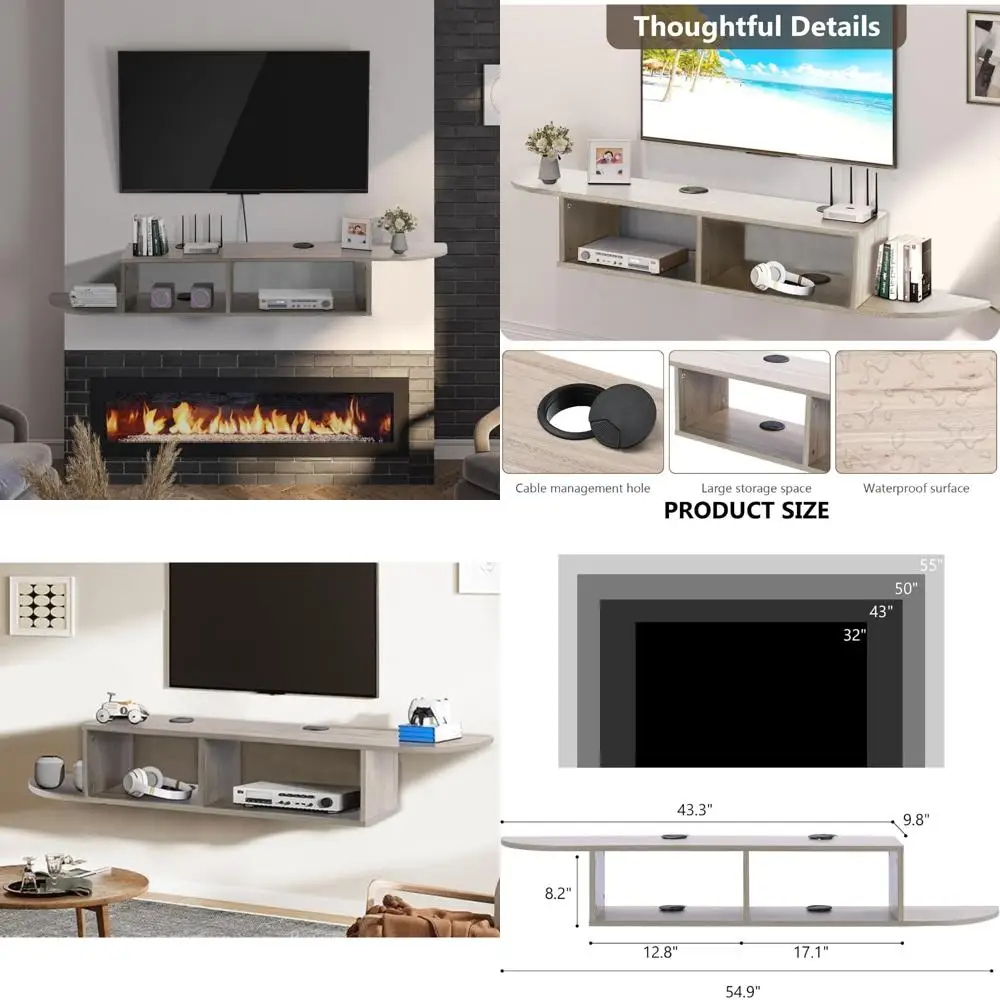 Modern Grey 55 Floating TV Shelf with Storage - Contemporary Wall Mount Entertainment Center for Home