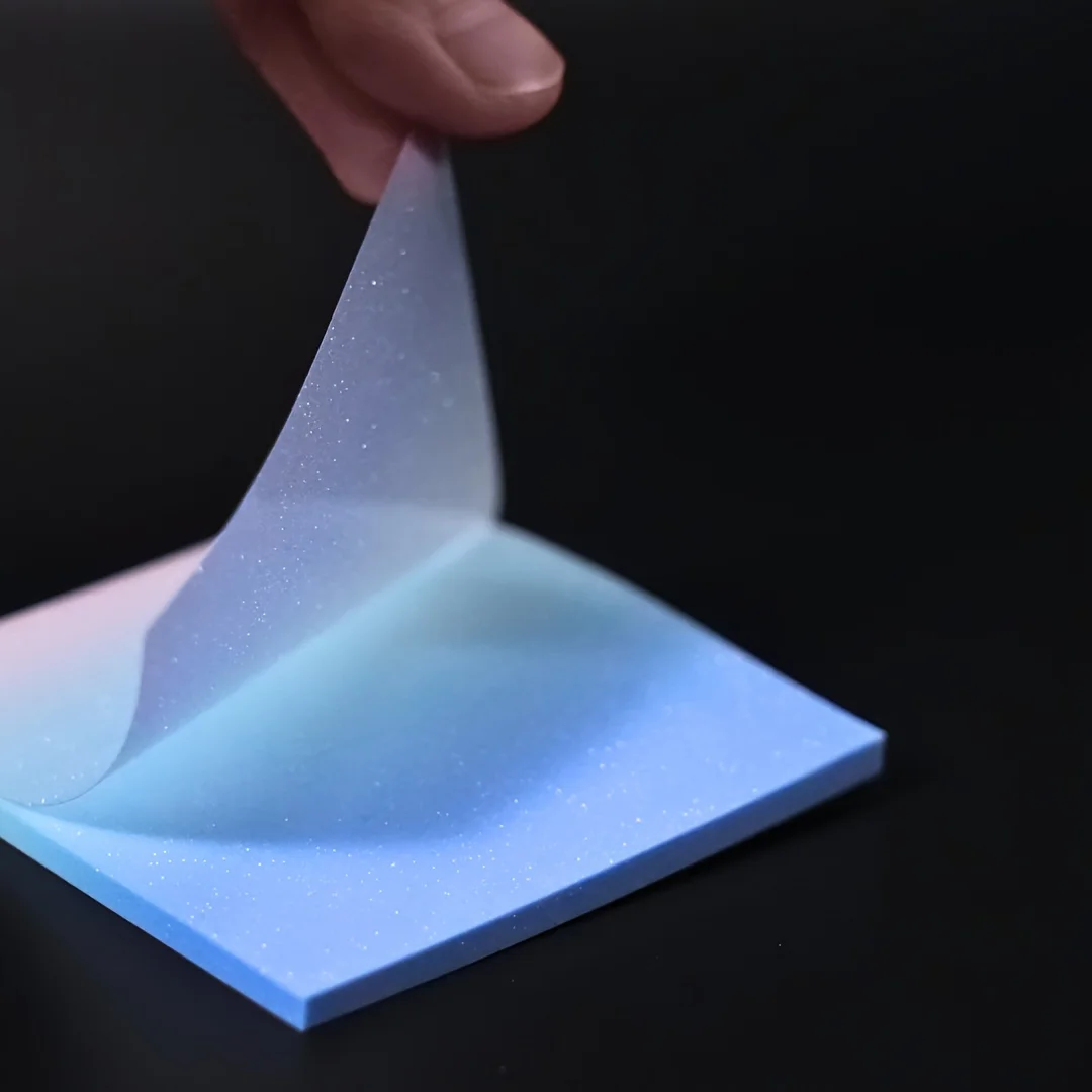 100 Stück rosa + blau verlaufende, glitzernde, halbtransparente Haftnotizen, glitzernd, wasserfest, selbstklebend, rückstandsfrei, durchsichtig – Detail 1