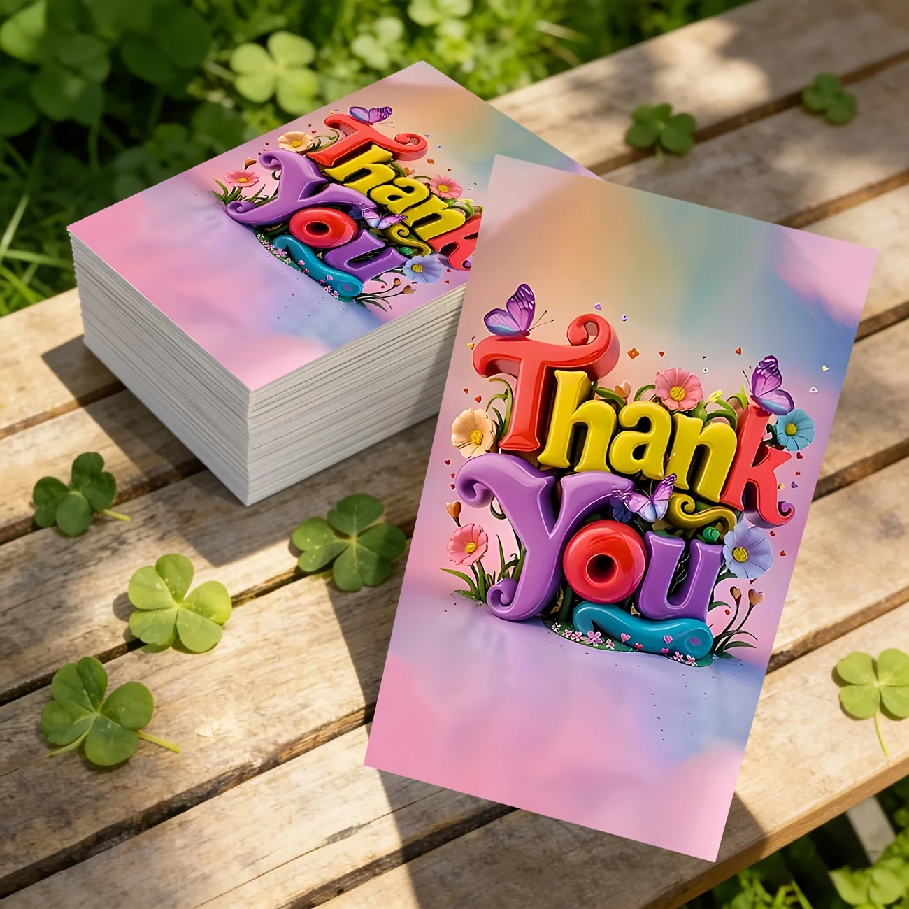 50PCS Fun Font Thank-you Cards, Featuring Bright "thank You" Letters, Decorated with Flowers and Butterflies, Lively Design
