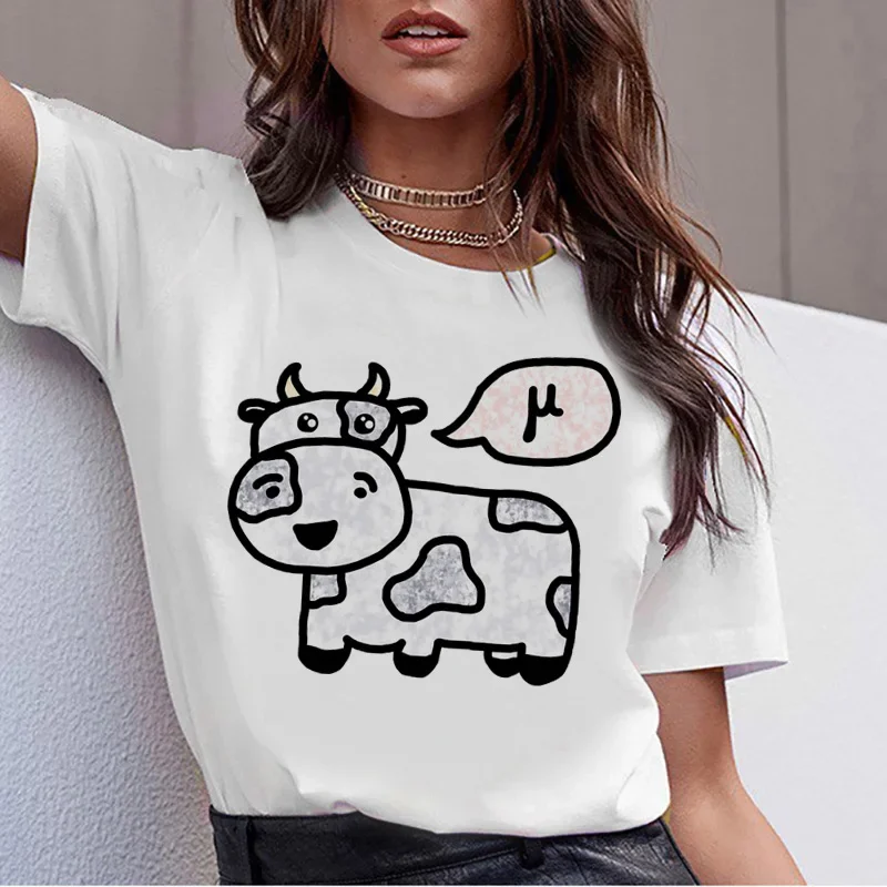 Camiseta com estampa gráfica unissex de vaca cartoon, gola redonda, camiseta kawaii para mulheres, harajuku, roupa coreana Ulzzang, casual anos 90