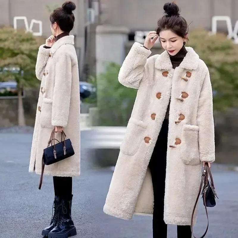 Horn Buckle Fashion in The Long Lamb Fur Coat for Women 2024 Autumn and Winter New Warm Fur One Coat Tide Fashionable and Simple