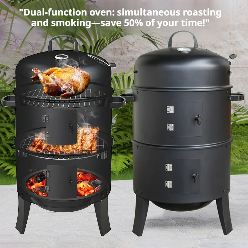 3-Tier Charcoal Smoker Grill, Outdoor & Home Hanging BBQ Smoker, Portable Barbecue Grill