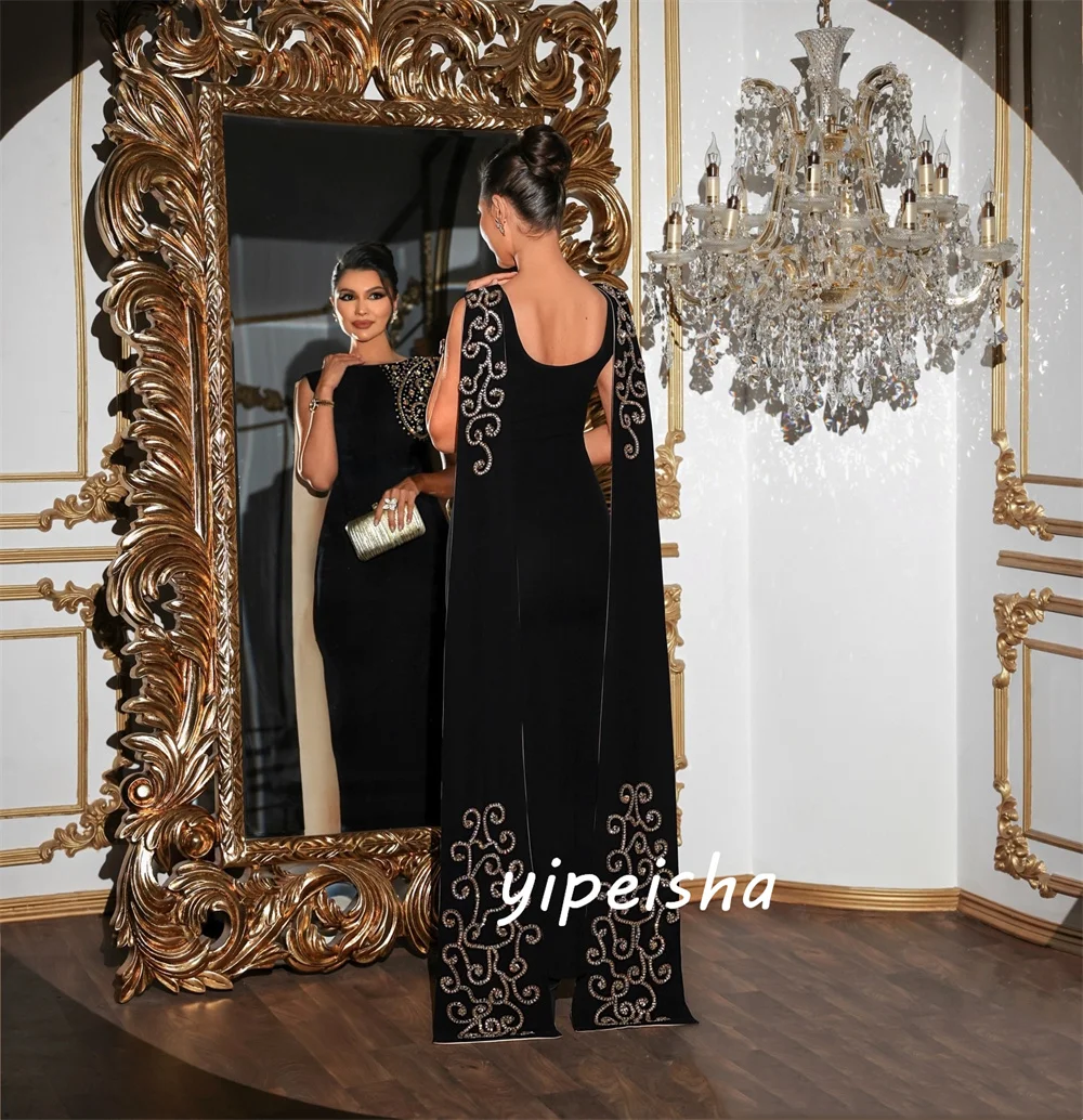 

Customized High Quality Classic Jersey Beading Sequined Black Straight Scoop Neck Floor-Length Evening Dresses For Wedding Party