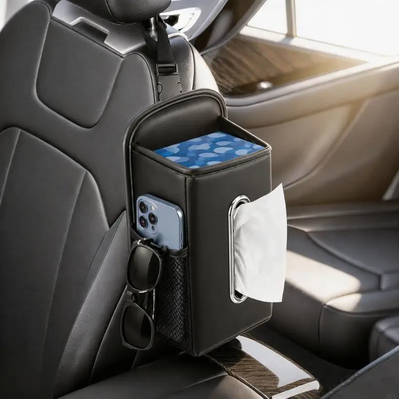 M76E Auto-Taschentuchtasche mit Netzfachaufbewahrung und vorderem Zugschlitz, hängende Sitztasche für Fahrer und Familie für den – Detail 2