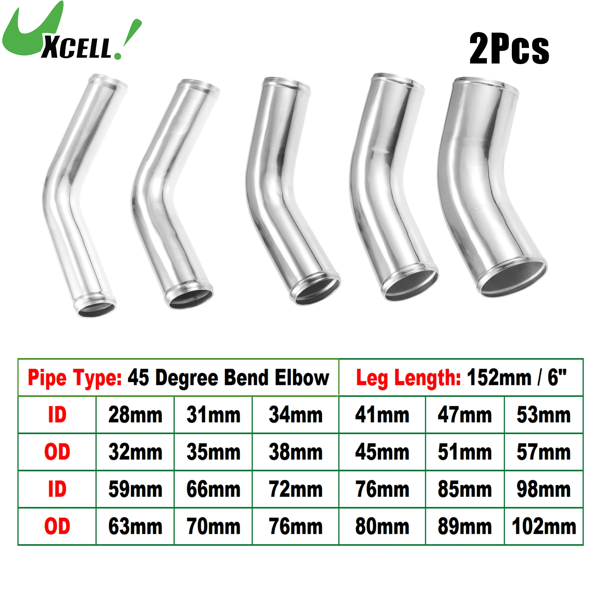 UXCELL 2 szt. 45 stopni OD 32-102mm długość nóg 100mm rura ze stopu aluminium samochodu rura intercoolera rura wlotu powietrza łączniki rurki