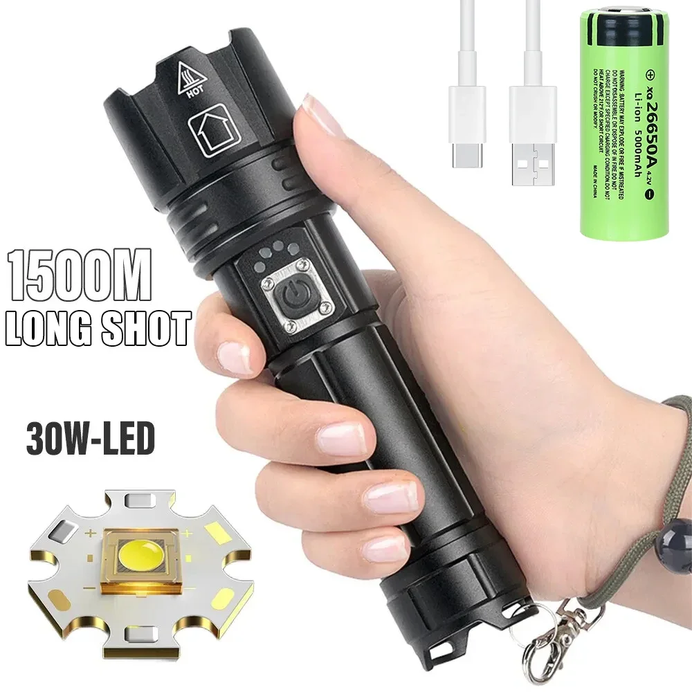 Super Bright 30WLED Flashlight Aluminum Alloy Tactical Zoom Torch USB Rechargeable Outdoor Portable Camping Emergency Flashlight