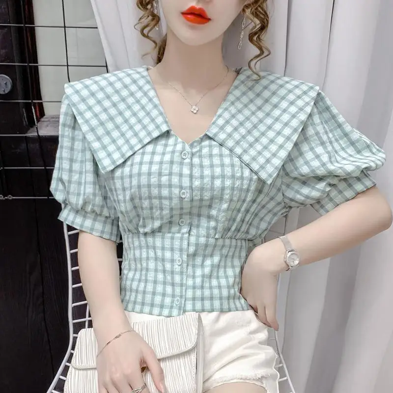 Women's Lapel Blouses Summer New Commute Shorts Plaid Printed Spliced Loose Casual All-match Puff Sleeve Single-breasted Shirts