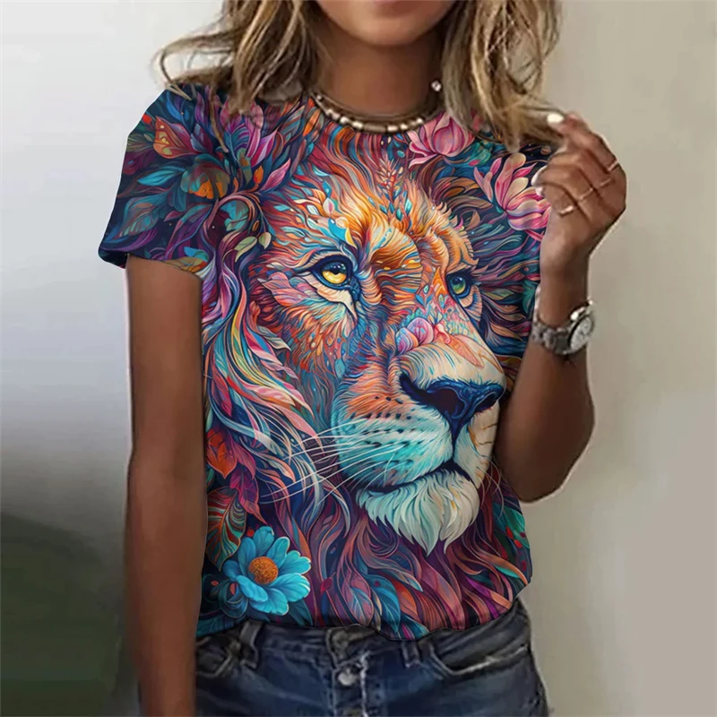 

Vintage Animals Print Women's T Shirts Summer Fashion Short Sleeve Top Tiger Print Oversized Female Clothing Ladies Floral Tees
