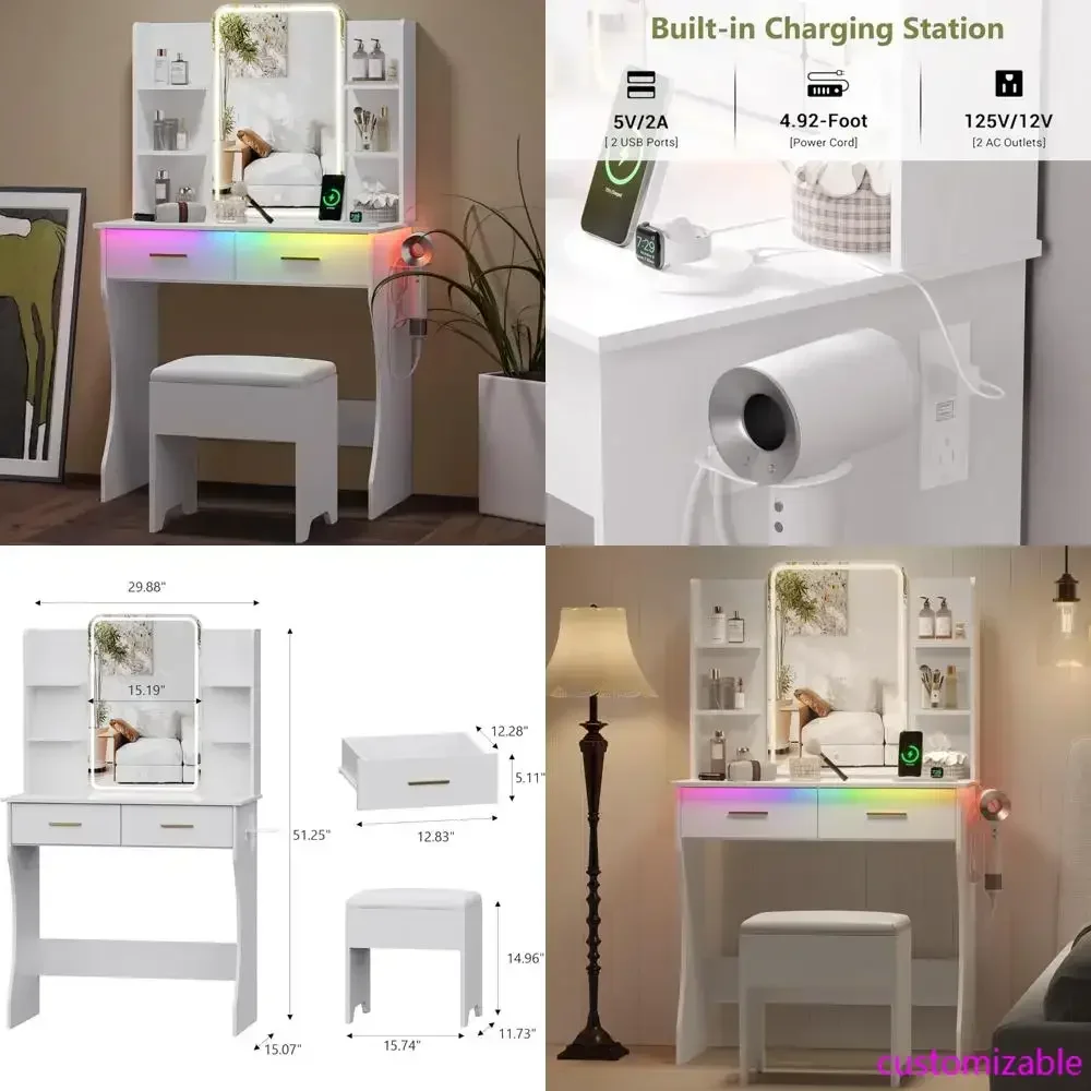 

Светящийся туалетный столик с зеркалом и стулом, белый, с LED-подсветкой