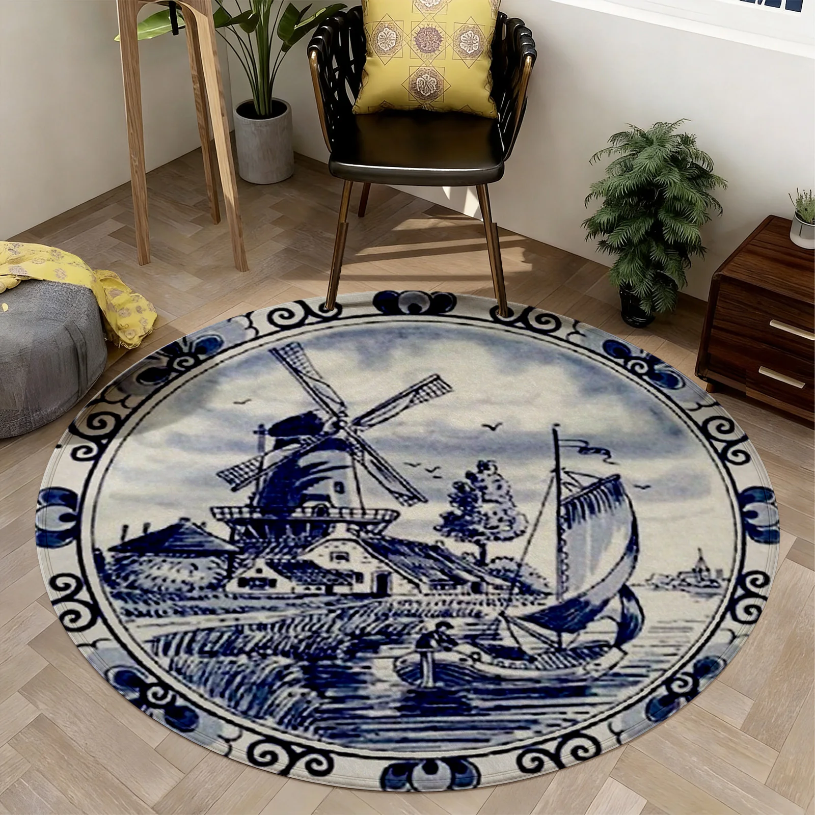 Beautiful Blue and White Windmill Nautical Round Area Rug Bohemian Farmhouse Decor Coastal Seaside Vintage Living Room Mat for H