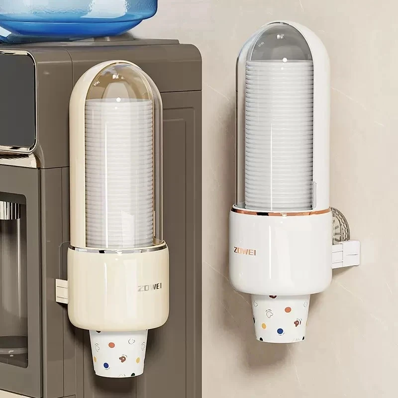 Bild 4: Wandmontierter, bohrfreier Einwegbecher-Spender für Wasserspender, staubdichte Aufbewahrungsbox, Plastikbecherhalter.