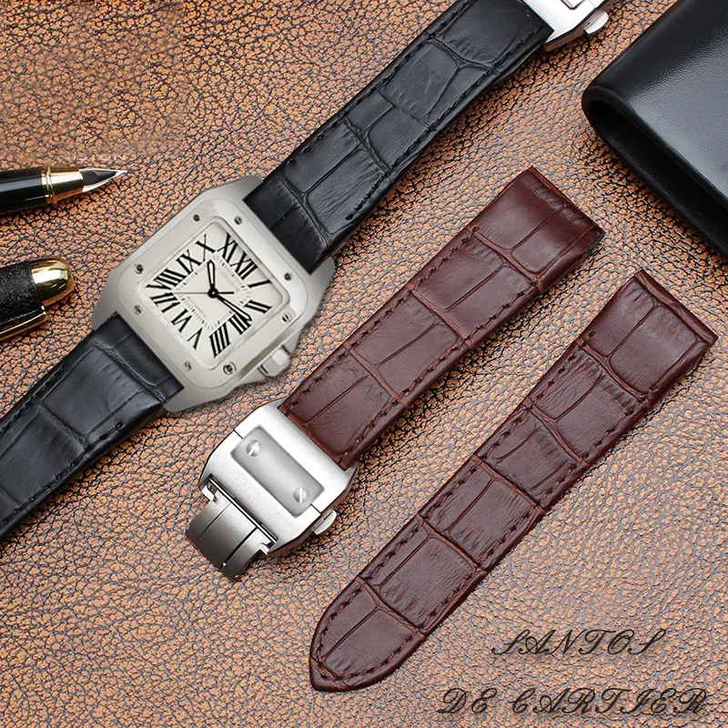 High Quality waterproof Genuine Leather Watch Strap For Cartier Santos 100 Men\'s And Women Folding Buckle strap 20mm 23mm