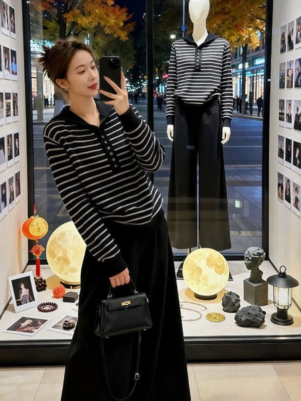 

Loose Women's Knitted Base irt Korean Sle Striped Hoodie Inner Wear Soft Sweater Large Size Autumn Winter Comfortable Fit