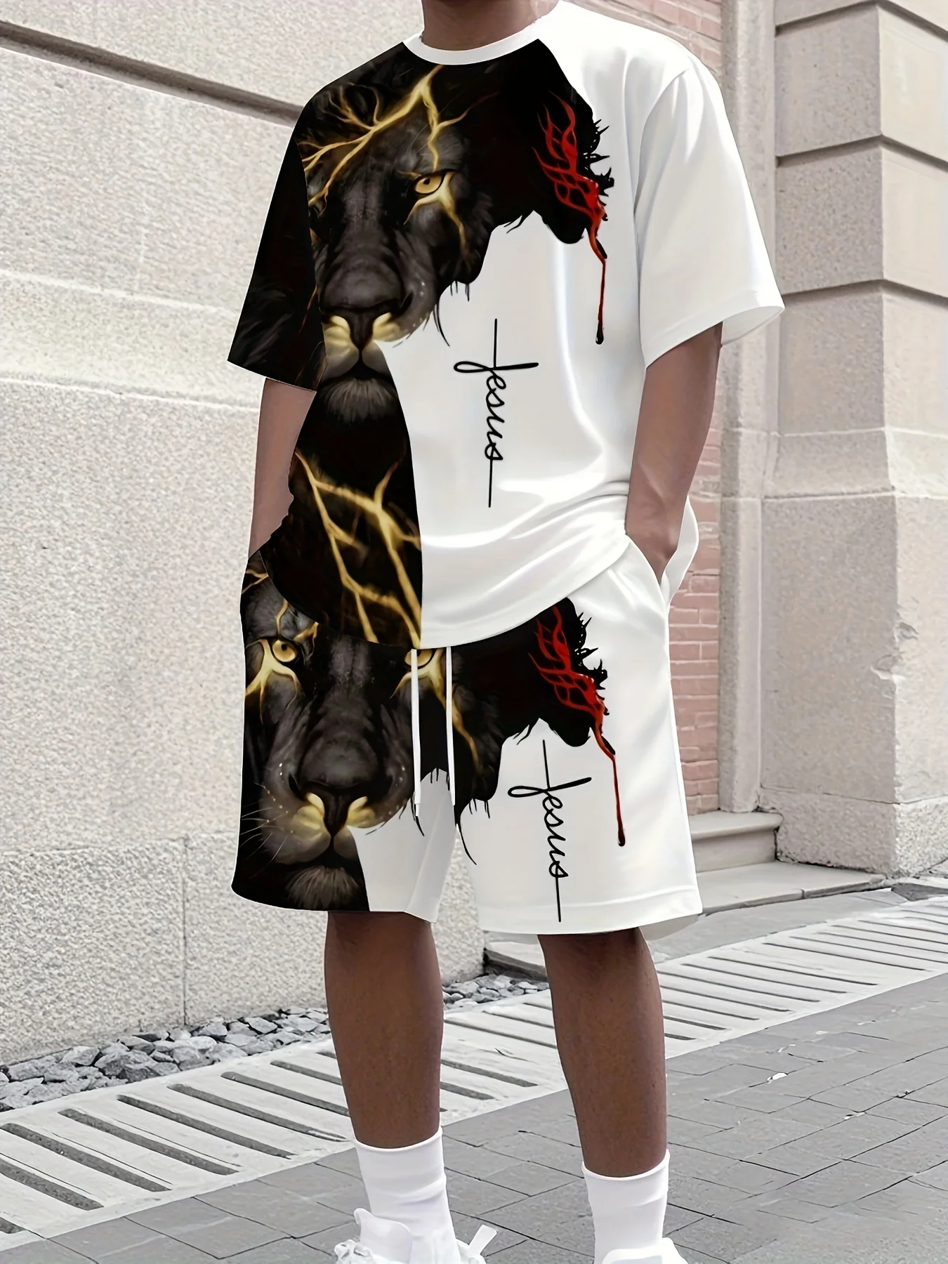 

2026 Summer New Men's Short-Sleeved Set - 3D Trendy Brand Patchwork Print - Casual Fashionable Street Style - Comfortable