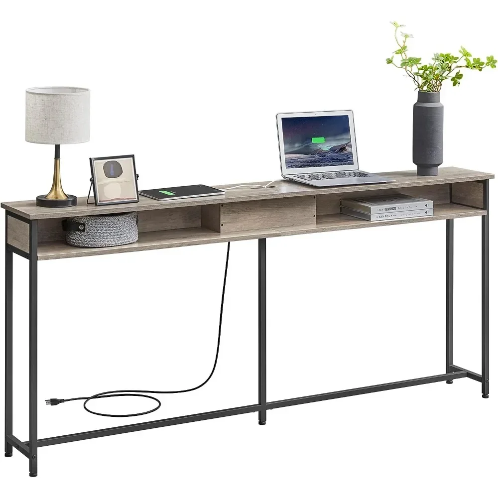 

VASAGLE 70 Inch Console Table with Outlet and Shelves, Sofa Table with Hidden Charging Station, Greige and Black