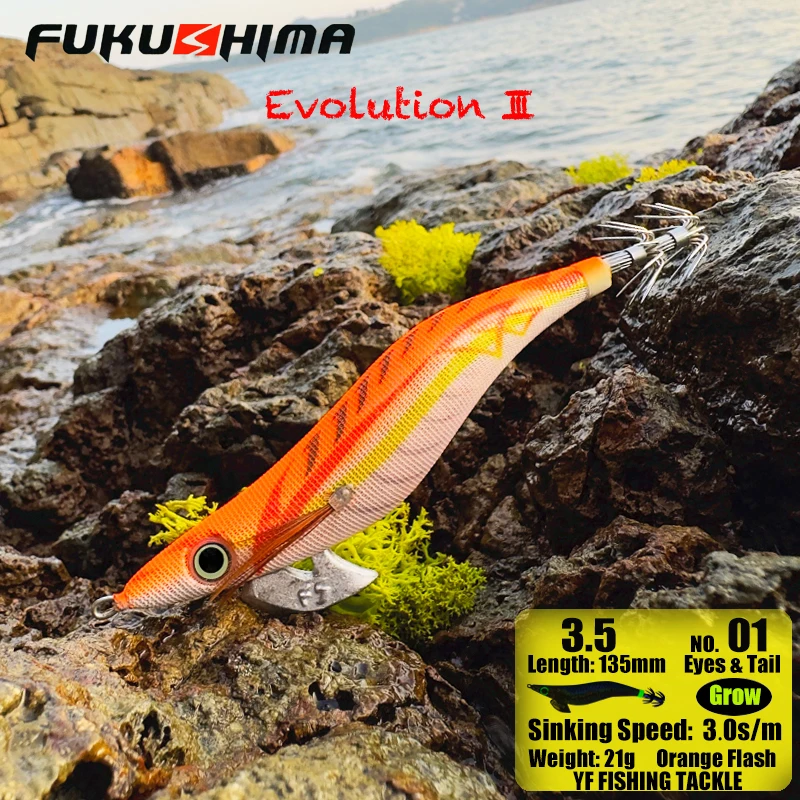 FUKUSHIMAZEECK3.5 SQUID JIG EVOLUTION EGI LURE FISHING WOOD SHRIMP BAIT FLASH BODY EYES & TAIL GLOW SHARP HOOKS 21GRAM EBI-SOUND – Detail 13