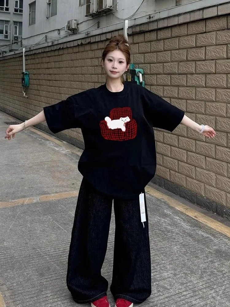 レトロアメリカンピュアコットンブラック半袖Tシャツ女性用サマーオーバーサイズハーフスリーブルーズショルダートップ韓国スタイル通勤