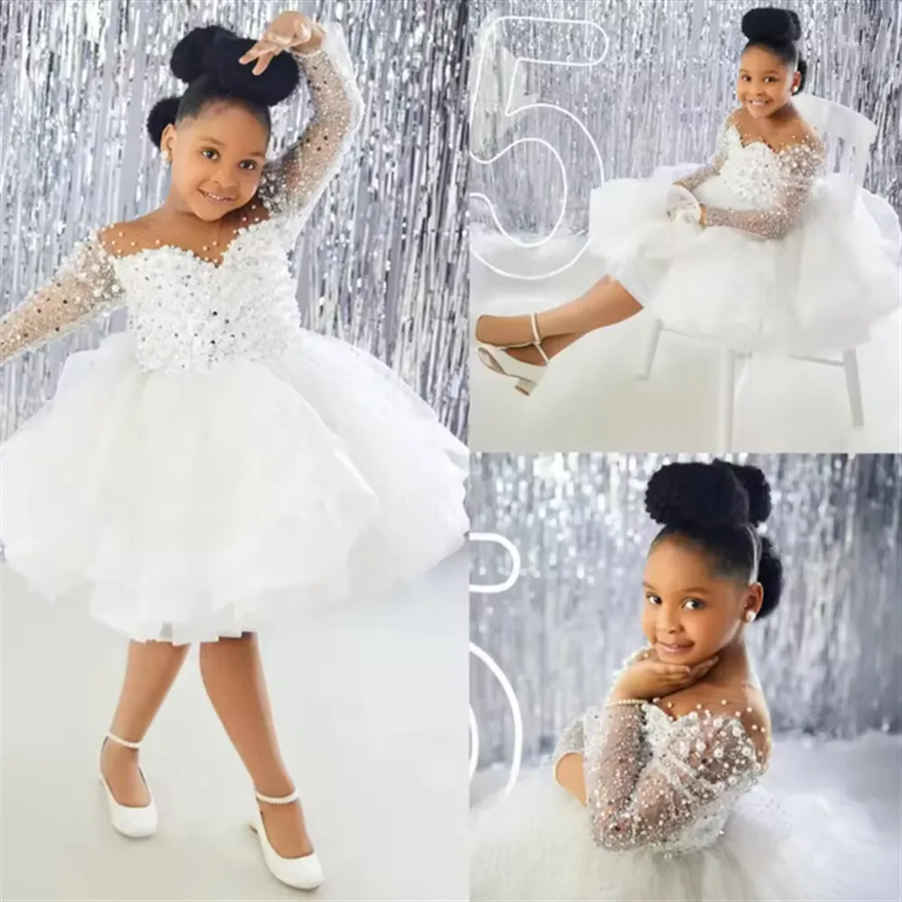 

Luxury White Flower Girl Wedding Dress Customized Long Sleeves Sequined Pearls Tiered Little Girls Birthday Party Prom Dress
