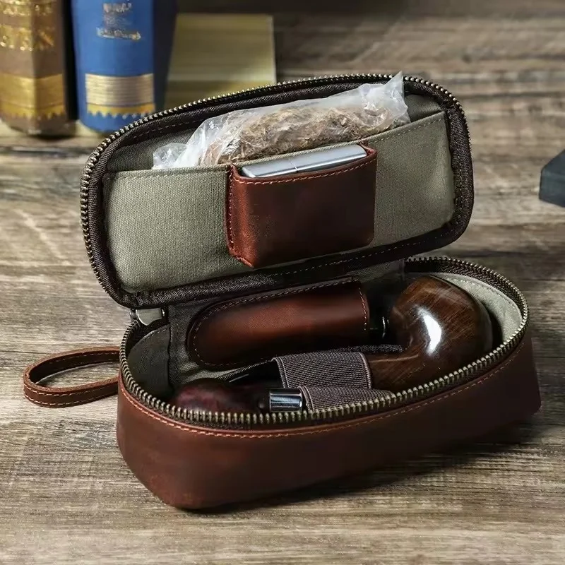

Multi-functional Cowhide Pipe Bag - Holds 2 Pipes Portable Travel Smoking Accessories Storage Wallet Case
