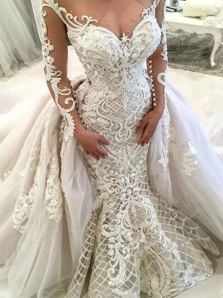 

Luxury Arabic Mermaid Wedding Dresses Sheer O-neck Appliques Long Sleeves Lace Up Back Bridal Gowns Vestido De Novia