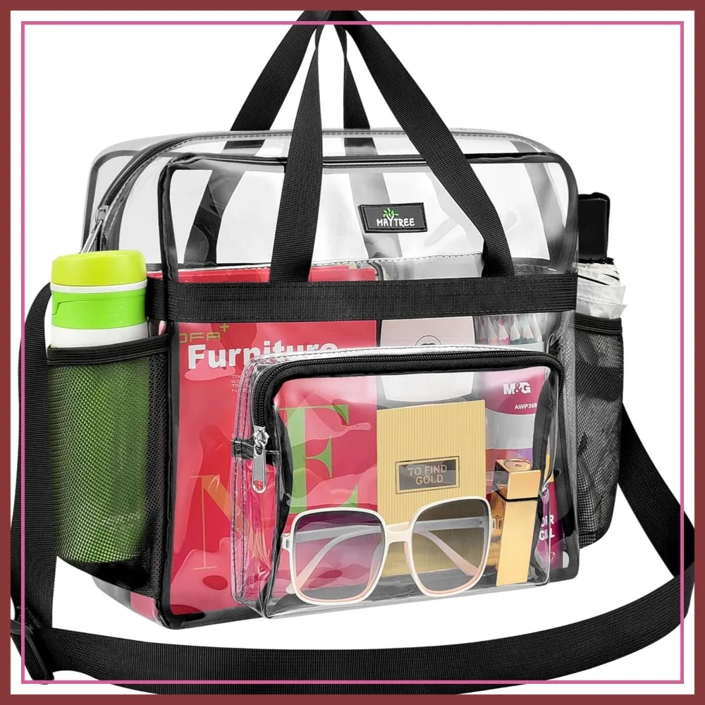 

Clear Stadium Bag 12x5.5x12, Clear Tote Lunch Bag with Reinforced Straps for Work, Sporting Events, Gym, Black