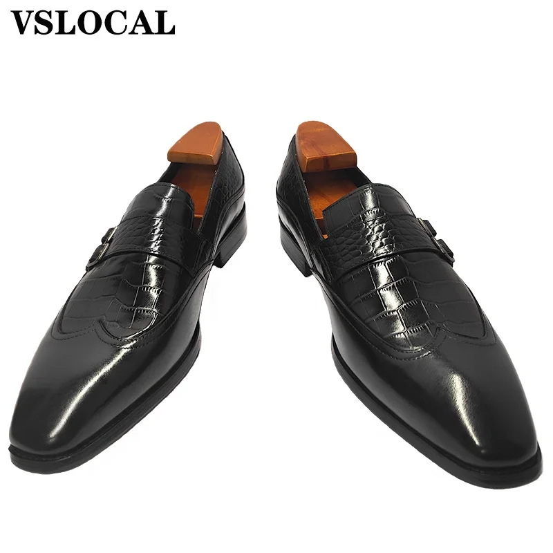 

2025 Men Leather Loafers Monk Strap Shoes Black Wingtip Crocodile Print Dress Mens Casual Shoes Slip On Loafers For Man