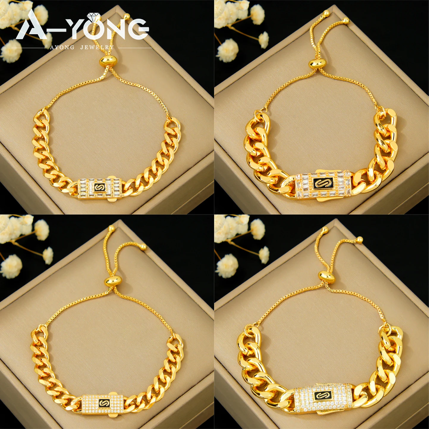 Italienisches Zirkonia Hip-Hop Armband 21k Vergoldet Dubai Punk Kubanisch Verstellbare Armbänder Arabische Muslimische Frauen Event Party Schmuck – Detail 2