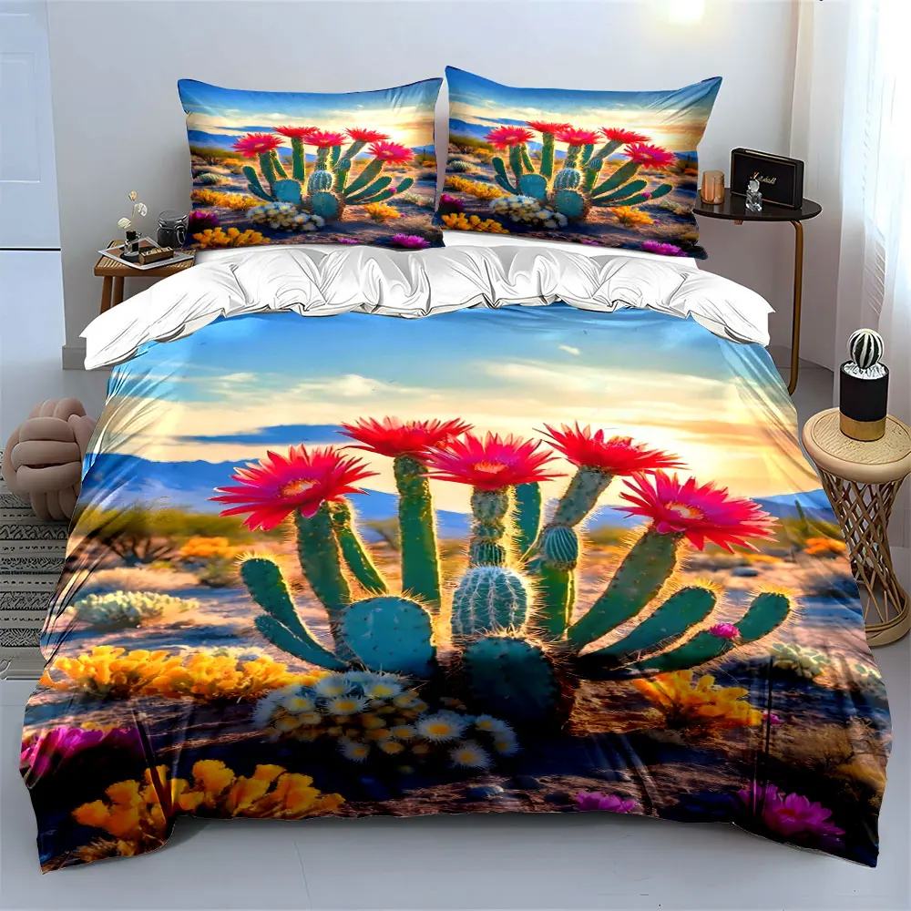 Desert Cactus with Blooming Red Flowers Print Bedding Set 1 Duvet Cover 2 Pillowcases for Adult and Children Luxury Gift