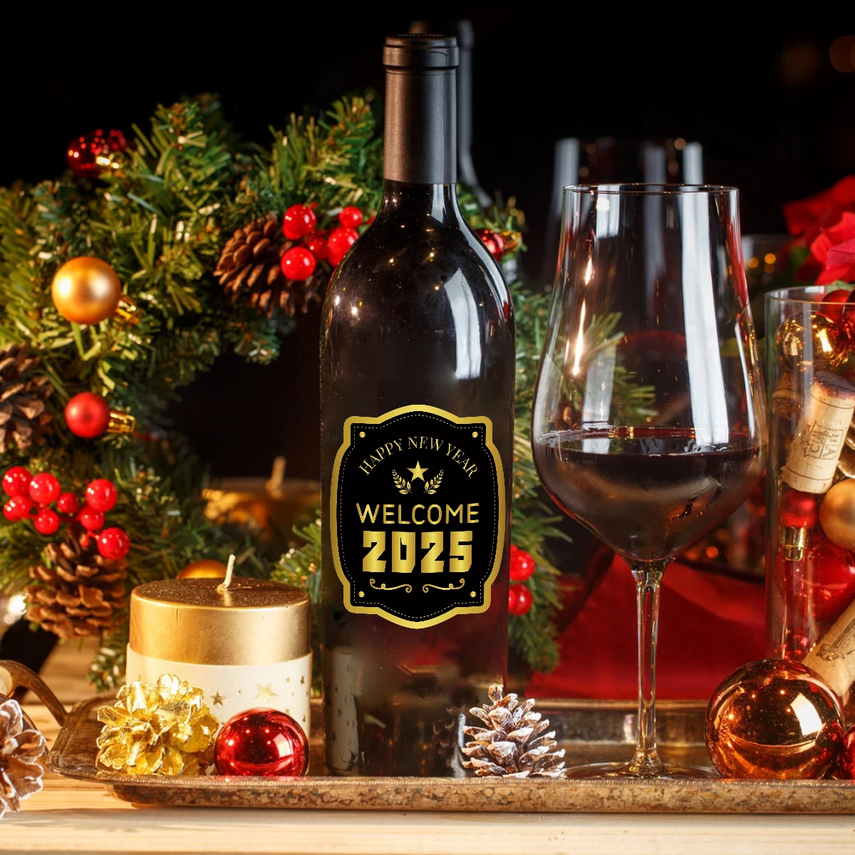 8 st Gelukkig Nieuwjaar 2025 Wijnfles Etiketten, Feestelijke Stickers voor Oudejaarsavond Decoratie, doos Seal Sticker Feestartikelen