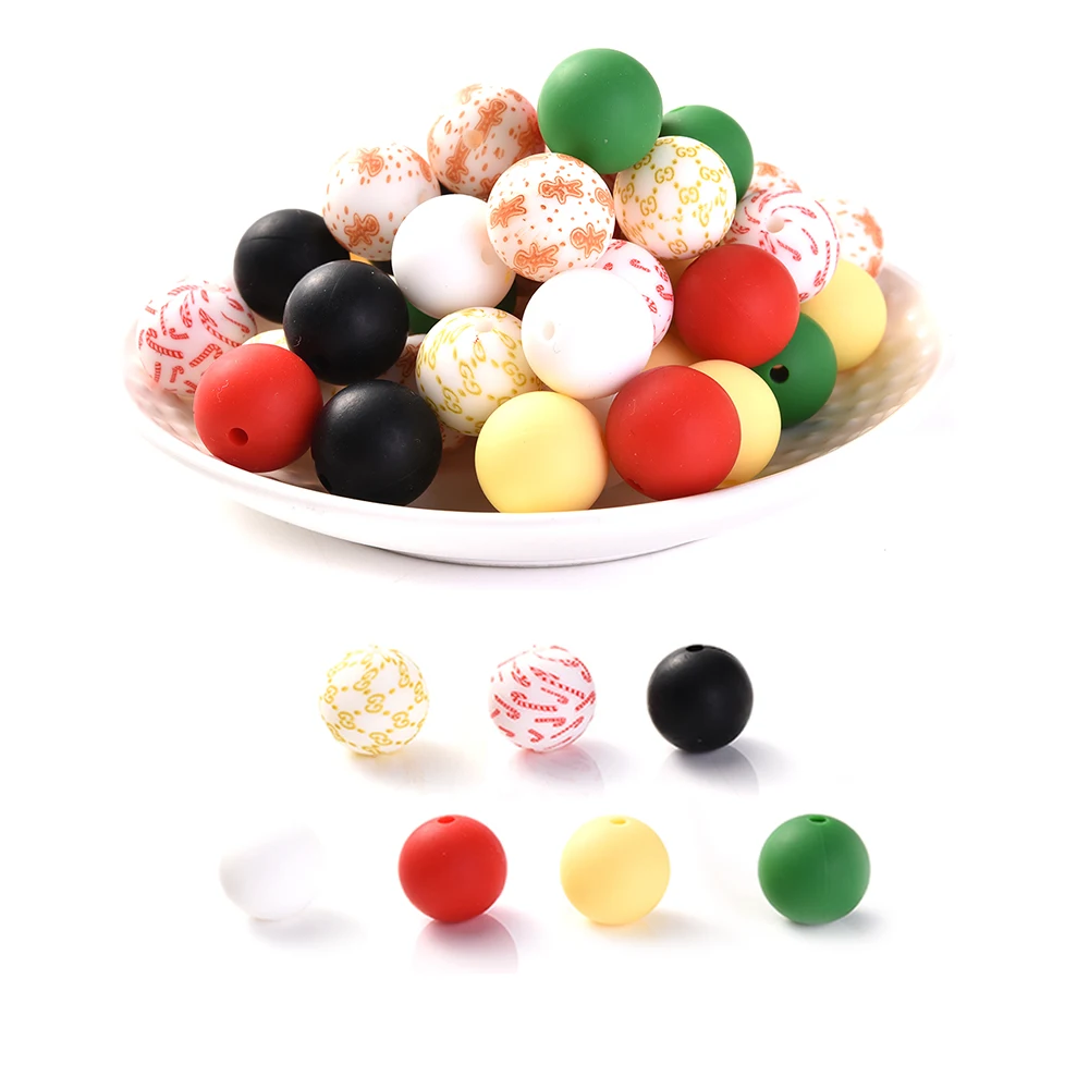 73Pcs New Silicone Beads Round 15mm Christmas Print Loose Beads Set For DIY Keychain Bracelet  Beaded Pen Handmade Accessories