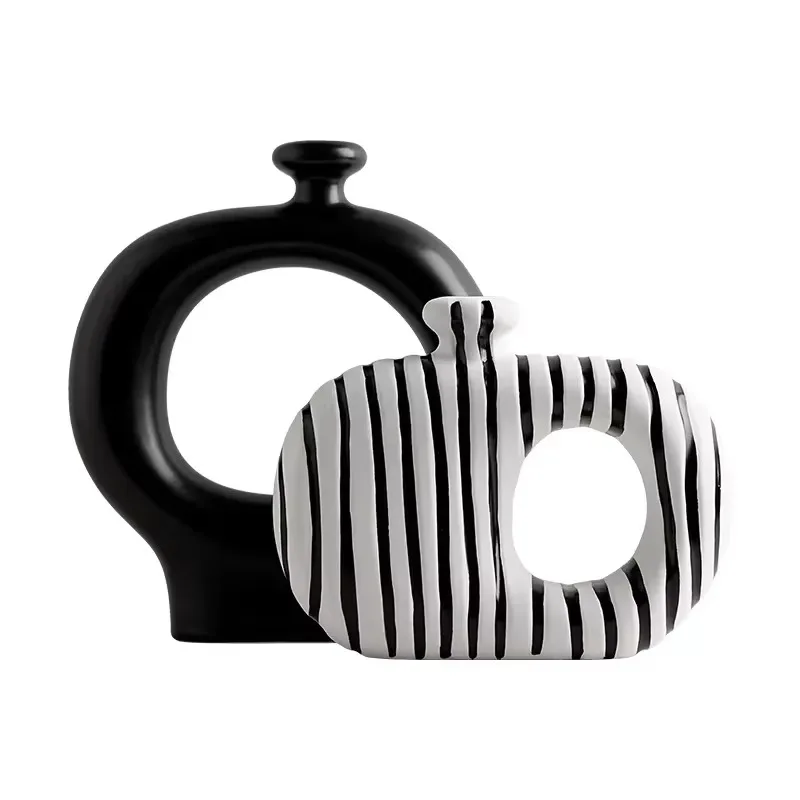 Modern Black White Striped Ceramic Vase Set Nordic Hollow Decorative Vase Home Decor Custom Packaging Design Dropshipping OEM