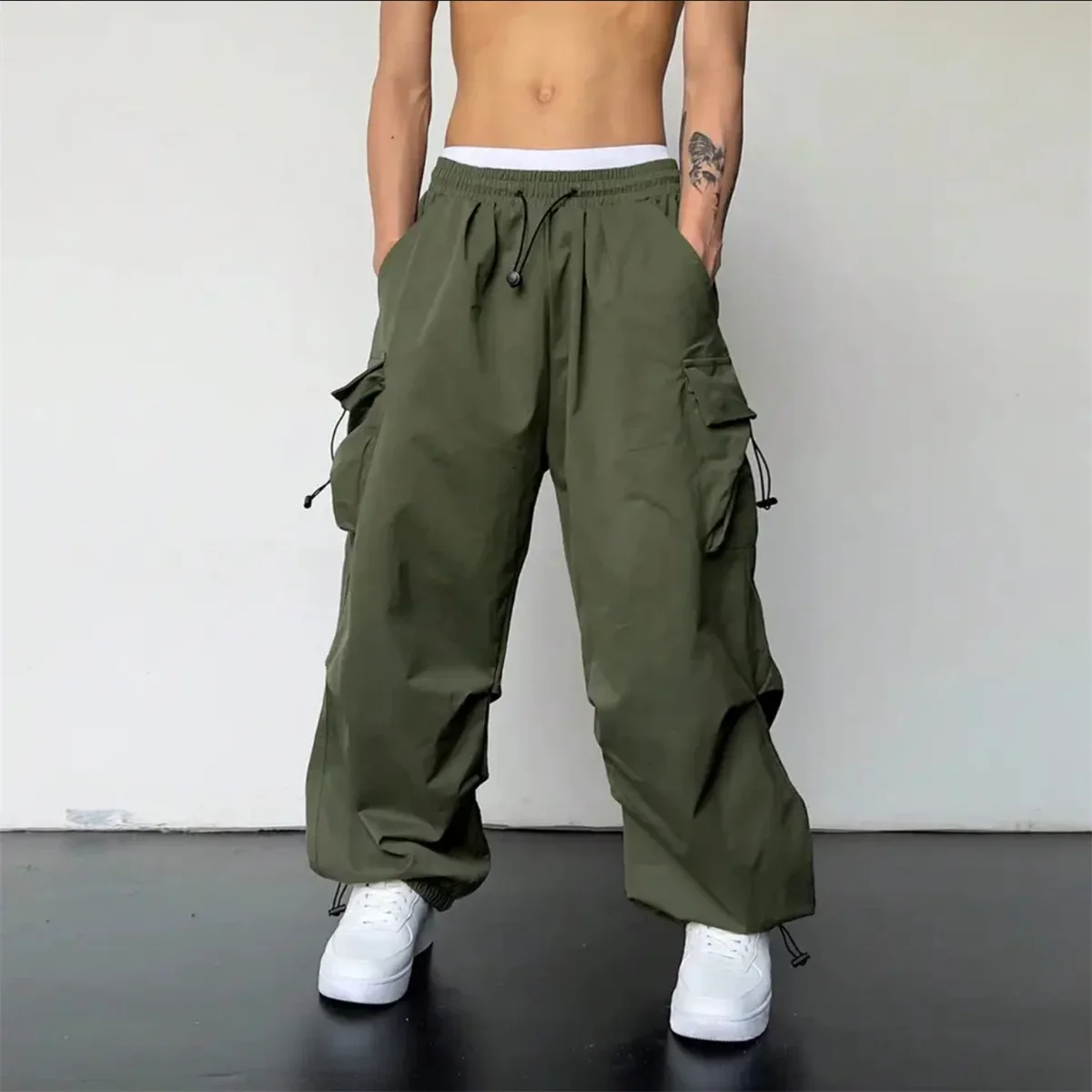 

Black Men's Hip Hop Cargo Pants Casual Summer Solid Multiple Pockets Trousers Cool Ribbons Techwear Hip Hop Sweatpants Boys
